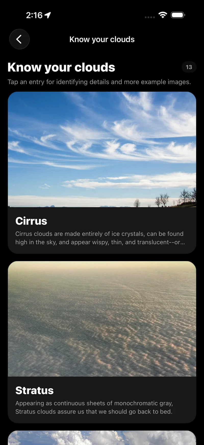 Know your clouds guide with photographs and descriptions of cirrus and stratus clouds.