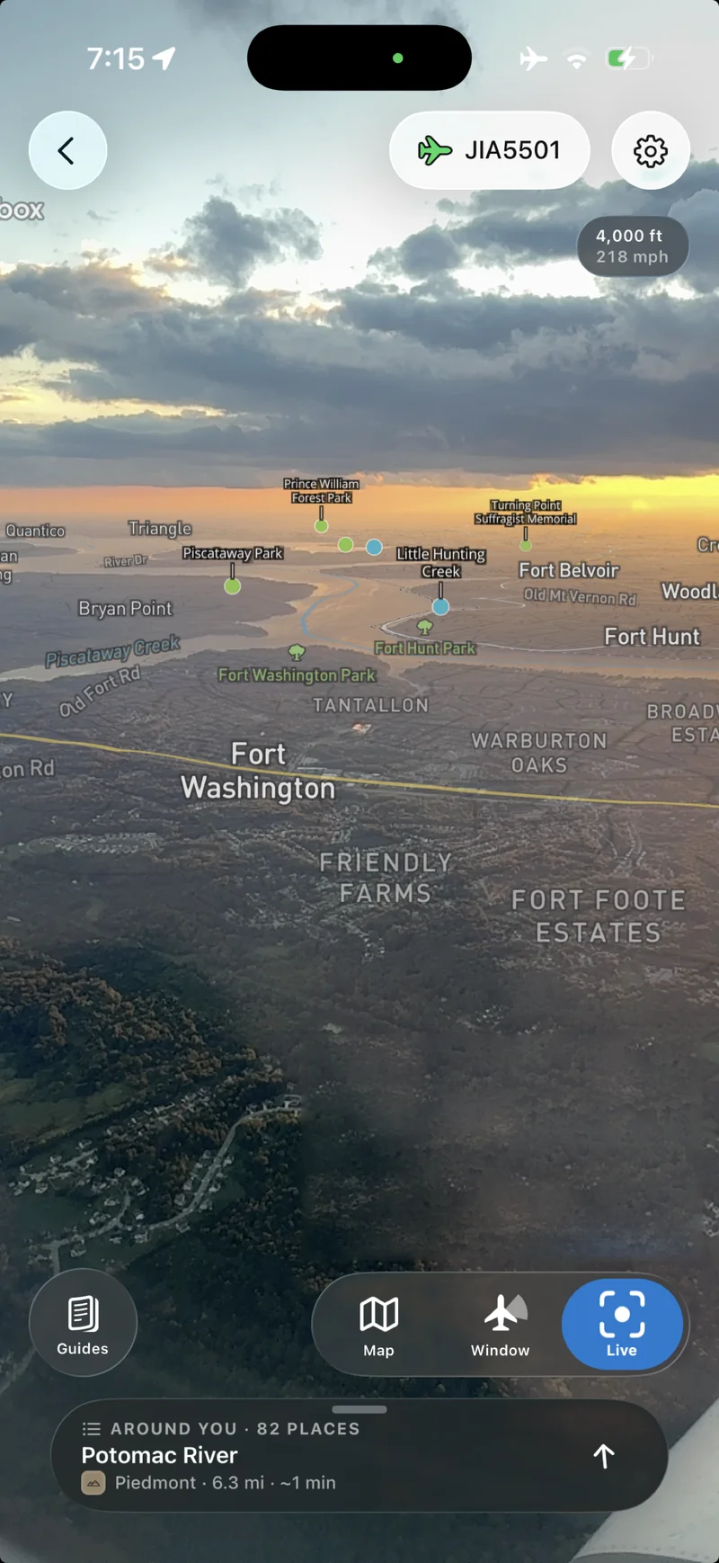 Live view over the Potomac River, with parks and landmarks labeled over the camera image.