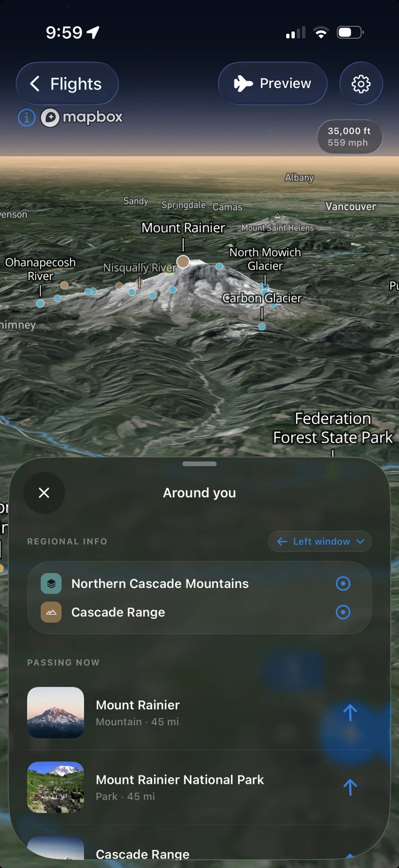 3D flight preview over Mount Rainier, with labeled glaciers and rivers and an Around you panel listing nearby places.