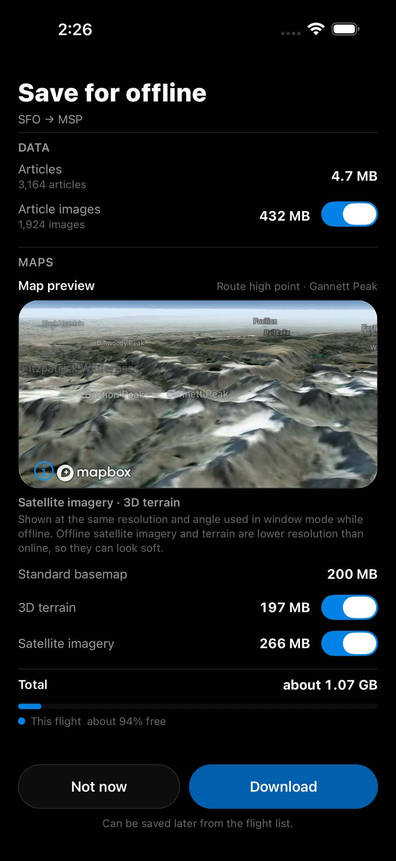 Save for offline screen for San Francisco to Minneapolis, showing a terrain preview and download options for articles, maps, and imagery.